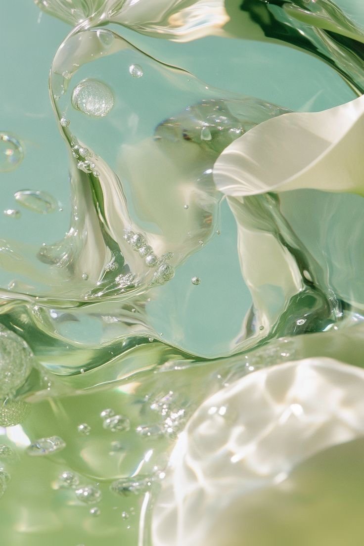 Klares Wasser mit Luftblasen und weisser Blüte